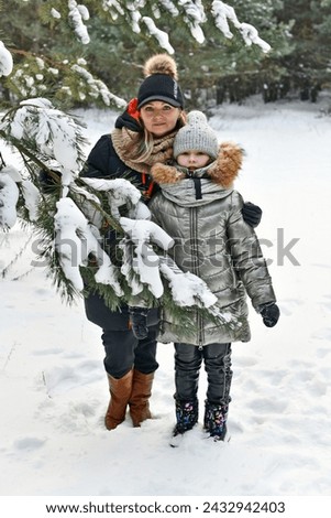 Two families walk in a winter snowy forest.