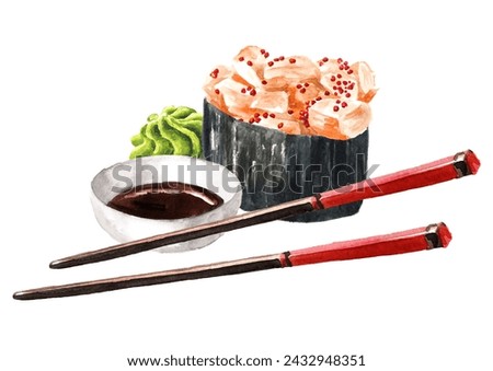 Japanese Gunkans Maki Sushi with sauce. Hand drawn watercolor illustration  isolated on white background