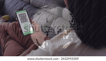 Image of woman holding smartphone with covid 19 vaccination passport over globe. global covid 19 pandemic and vaccination concept digitally generated image.
