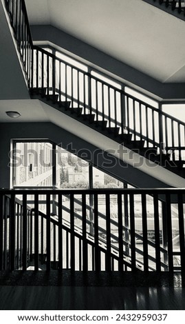 
A black and white photo showcases a grand staircase with a railing, bathed in contrasting light and shadows, leading upwards within a building.