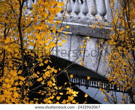 Detail of white stone bridge with reflection in water with autumn yellow leaves.