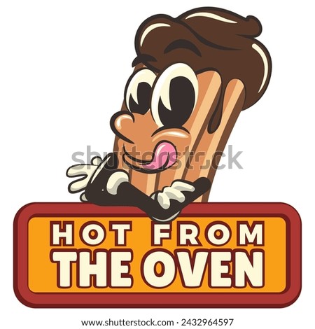 vector isolated clip art illustration of churro cartoon mascot carrying a sign that says hot from the oven, work of handmade