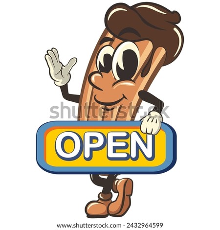 vector isolated clip art illustration of churro cartoon mascot carrying a sign that says closed, work of handmade