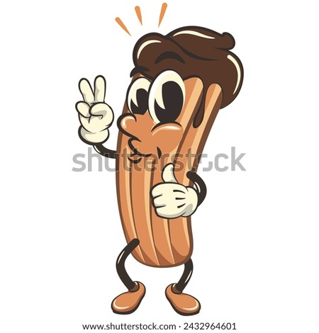 vector isolated clip art illustration of churro cartoon mascot giving a thumbs up and two fingers, work of handmade