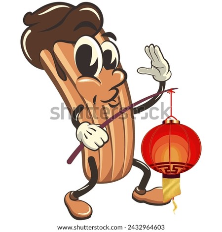 vector isolated clip art illustration of churro cartoon mascot carrying a traditional chinese lantern, work of handmade