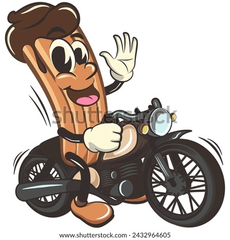 vector isolated clip art illustration of churro cartoon mascot riding a big motorcycle, work of handmade