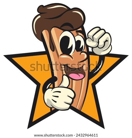 vector isolated clip art illustration of churro cartoon mascot out from of a star with thumbs up, work of handmade