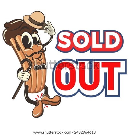 vector isolated clip art illustration of churro cartoon mascot with hat and stick, dancing with his feet tapping in front of the words sold out, work of handmade
