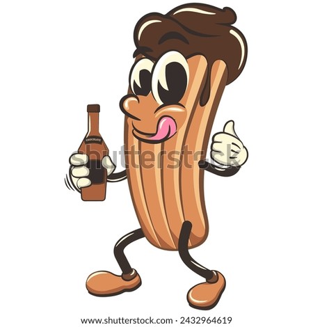 vector isolated clip art illustration of churro cartoon mascot holding a bottle of a bottle of chocolate, work of handmade