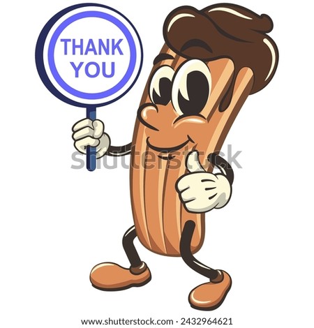vector isolated clip art illustration of churro cartoon mascot carrying a sign saying thank you, work of handmade