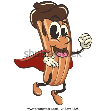 vector isolated clip art illustration of churro cartoon mascot being superhero with a cape, work of handmade