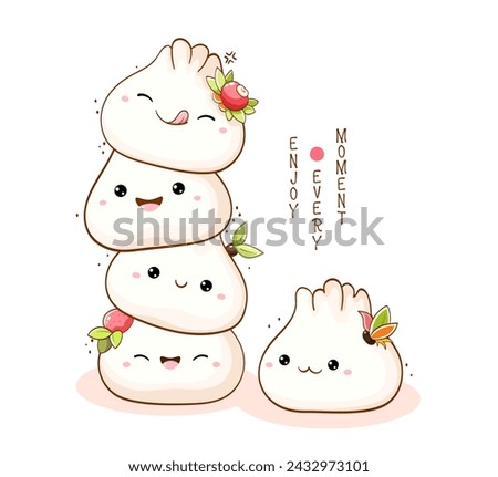 Stack of cute traditional chinese dumpling in kawaii style. Japanese traditional cuisine dishes. Inscription Enjoy every moment. Can be used for t-shirt print, sticker, greeting card. Vector EPS8