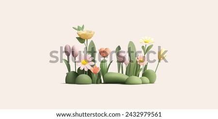 3d illustration of spring flowers on grass field, daisy and tulips on green grass. Cartoon render modern style