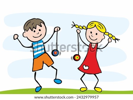 Group two children,boy and girl with yo yo, toys, vector image