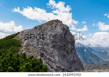 Panoramic view of majestic mountain peak Festlbeilstein in Hochschwab mountain range, Styria, Austria, Scenic hiking trail from Karlhochkogel to Sankt Ilgen. Escapism in Austrian Alps. Wanderlust Royalty-Free Stock Photo #2432993703
