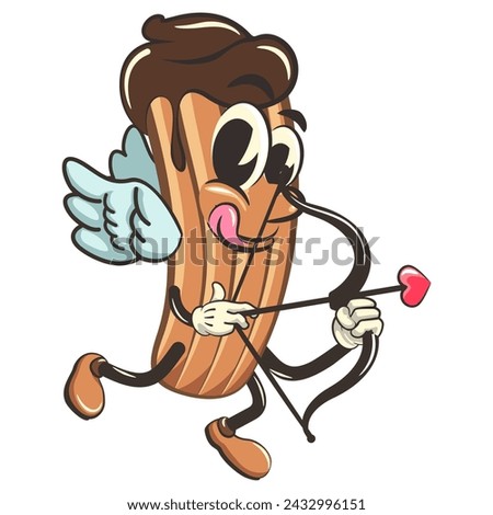 vector isolated clip art illustration of churro cartoon mascot being cupid with arrow of love, work of handmade