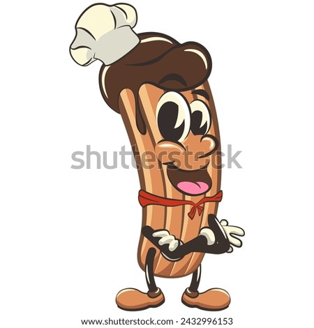 vector isolated clip art illustration of churro cartoon mascot wearing a chef's hat and wearing a red scarf, work of handmade
