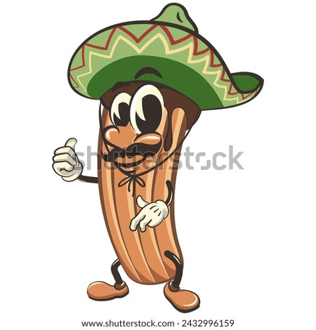 vector isolated clip art illustration of churro cartoon mascot wearing sombrero with thumb up, work of handmade
