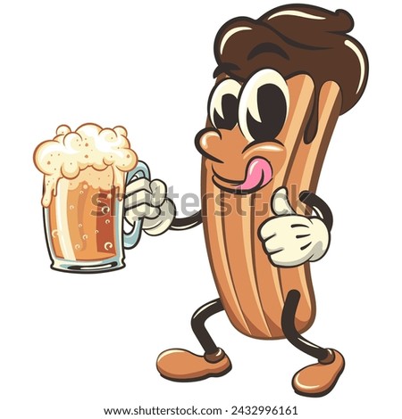 vector isolated clip art illustration of churro cartoon mascot raising a large beer glass while giving a thumbs up, work of handmade