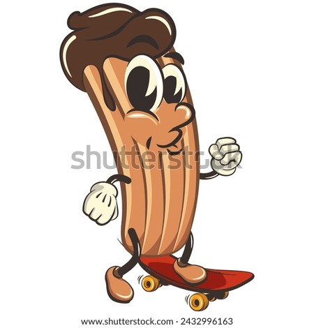 vector isolated clip art illustration of churro cartoon mascot playing skateboarding, work of handmade