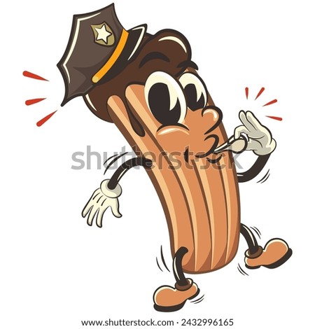 vector isolated clip art illustration of churro cartoon mascot wearing a police hat and blowing a whistle, work of handmade