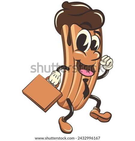 vector isolated clip art illustration of churro cartoon mascot wearing a tie and carrying a suitcase rushing to the office, work of handmade