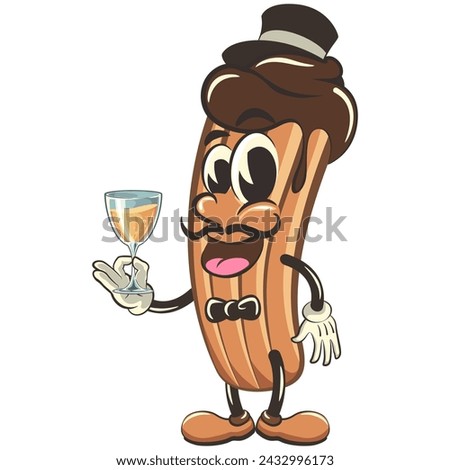 vector isolated clip art illustration of churro cartoon mascot in a hat and bow tie raising a wine glass, work of handmade