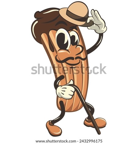 vector isolated clip art illustration of churro cartoon mascot carrying a stick and saluting with raised hat, work of handmade