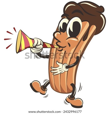 vector isolated clip art illustration of churro cartoon mascot blowing party trumpet, work of handmade