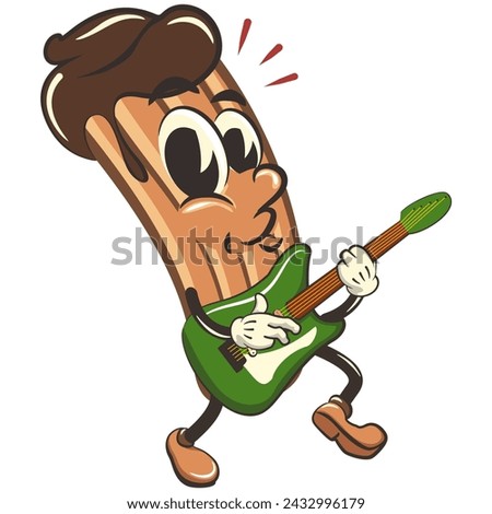 vector isolated clip art illustration of churro cartoon mascot playing a guitar musical instrument, work of handmade