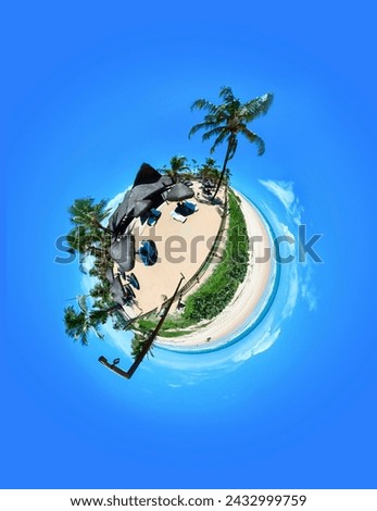 360º of Porto de Galinhas beach, Pernambuco, Brazil. Thatched huts and beach chairs at the resort facing the sea. Panorama 360 degrees spherical. little planet. Royalty-Free Stock Photo #2432999759