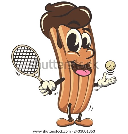 vector isolated clip art illustration of churro cartoon mascot playing tennis with a tennis racket and ball, work of handmade