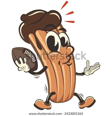 vector isolated clip art illustration of churro cartoon mascot playing american football with an oval ball, work of handmade