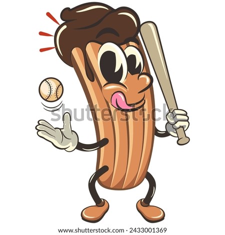 vector isolated clip art illustration of churro cartoon mascot ready to hit a baseball with a bat, work of handmade