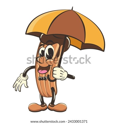vector isolated clip art illustration of churro cartoon mascot with umbrella, work of handmade