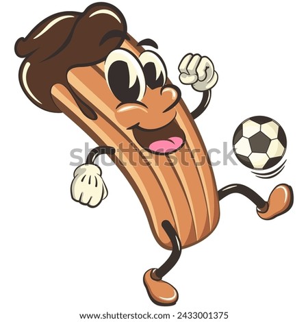 vector isolated clip art illustration of churro cartoon mascot playing football or soccer, work of handmade