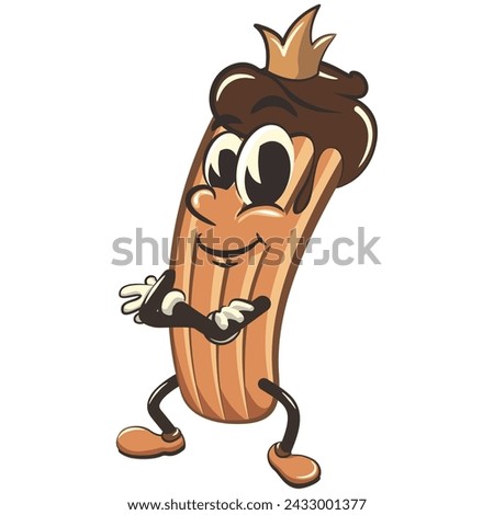 vector isolated clip art illustration of churro cartoon mascot with a king's crown folding his arms calmly, work of handmade