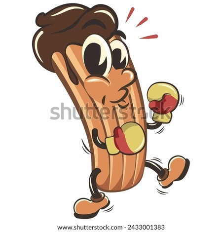 vector isolated clip art illustration of churro cartoon mascot practicing boxing wearing boxing gloves, work of handmade