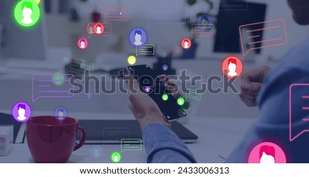 Image of media icons over hands using smartphone. Global business and digital interface concept digitally generated image.