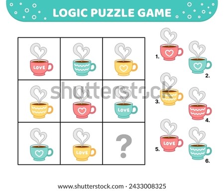 Logic puzzle game. Cup of hot drink. For kids. Cartoon, vector, eps 10