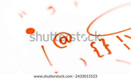 Red Marker Symbols Isolated on White Background. Miscellaneous red marker signs on white background, plus sign, minus sign, red marker stroke, colon red marker. Photo of handwritten characters.