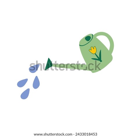 Watering can with water drops clip art isolated on white background. Cute gardening tool vector illustration	