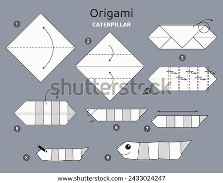 Caterpillar origami scheme tutorial moving model. Origami for kids. Step by step how to make cute paper insect. Vector illustration.