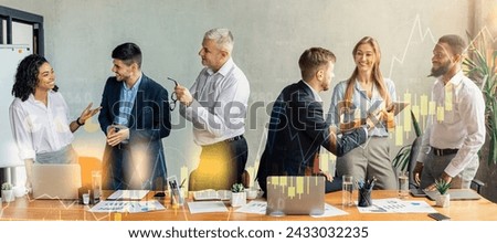 Engaged and diverse team of business professionals having a dynamic discussion in a modern office, with vibrant stock market graphs superimposed on the image, panorama. Work, business