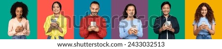 Enthusiastic and diverse group of people with joyful expressions using smartphones, dressed in casual and smart attire against a multicolored background, studio, panorama
