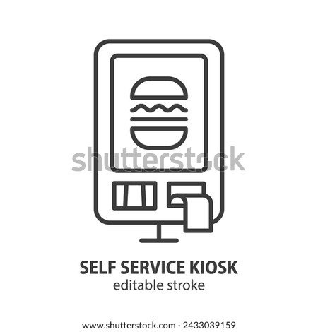 Self service kiosk vector line icon. Terminal for electronic pay. Digital payment machine with interactive touch screen for fast food restaurant, cafe. Editable stroke. 