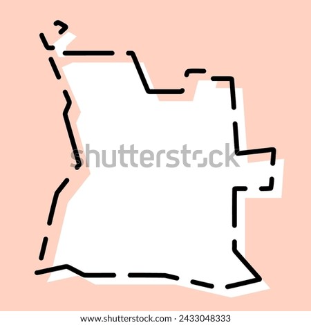 Angola country simplified map. White silhouette with black broken contour on pink background. Simple vector icon