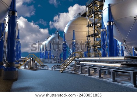 Exterior of factory on summer evening. Plant with spherical high pressure tanks. Oil or gas storage. Factory with tanks and pipeline. Storage of cryogenic liquids. BPVC, ASME.  Royalty-Free Stock Photo #2433051835