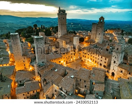Aerial view of San Gimignano, a walled medieval hill town in the province of Siena, Tuscany, Italy

