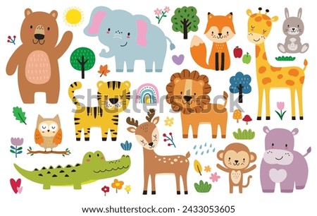 Cute wild woodland safari jungle animals vector illustration including a bear, elephant, tiger, lion, fox, giraffe, rabbit, deer, crocodile, owl, monkey, and hippo.